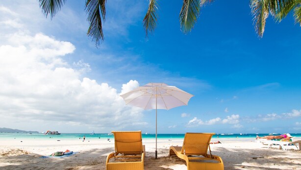 Une plage avec deux chaises longues en osier et un parasol blanc sous les branches d’un palmier.