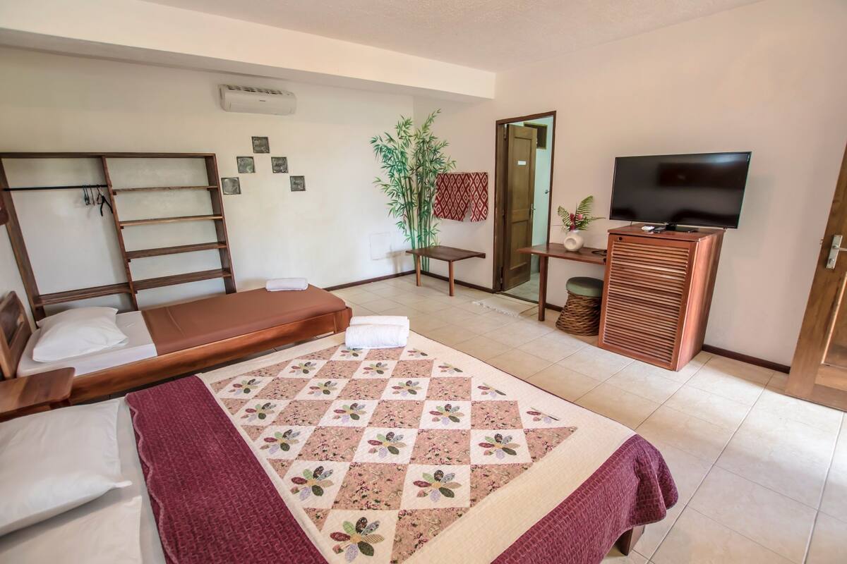 Una habitación de hotel con una cama, un escritorio con televisor, una planta y un espejo.