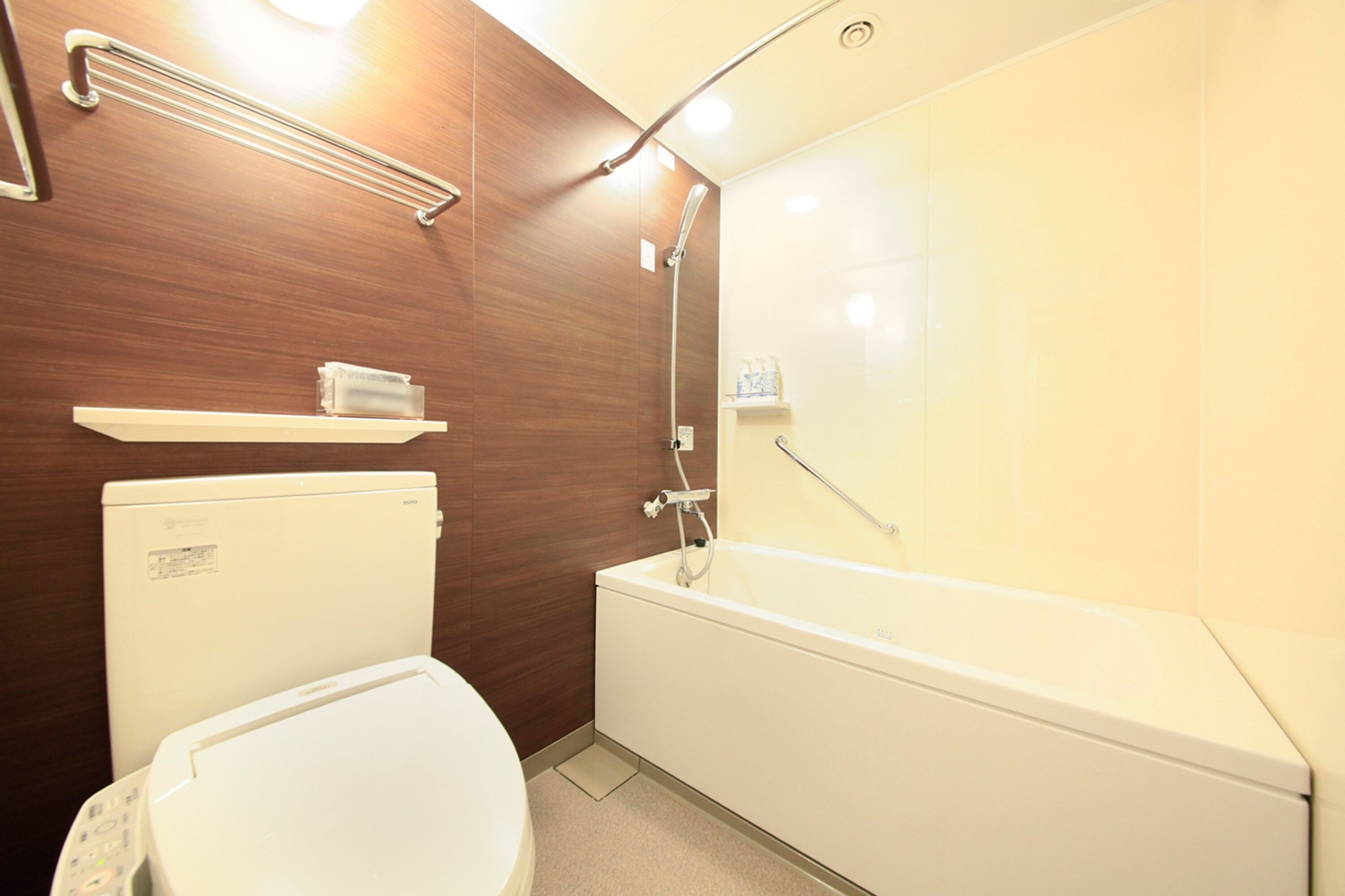 combined shower/bathtub, free toiletries, hair dryer, slippers