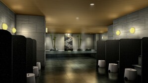 A modern restroom with dark tiled walls, wooden ceiling, and recessed lighting. - Vessel Hotel Campana Kyoto Gojo (Kyoto)