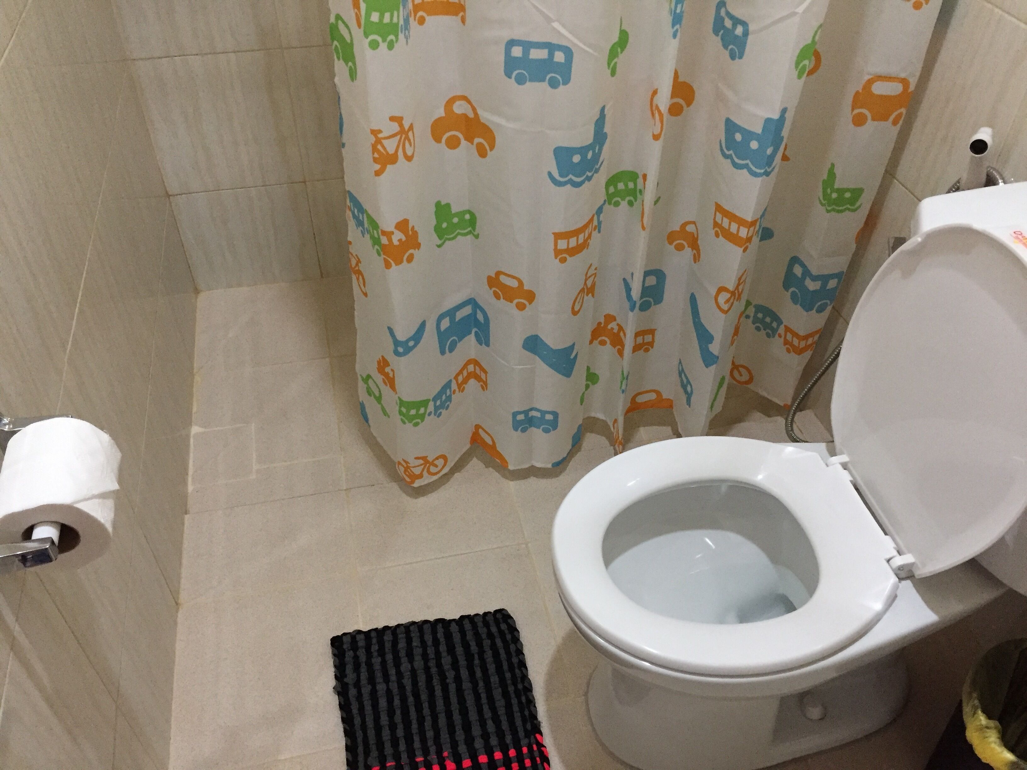 A bathroom with a toilet, a roll of toilet paper, a shower curtain with colorful vehicle patterns, and a black and red mat on the floor.