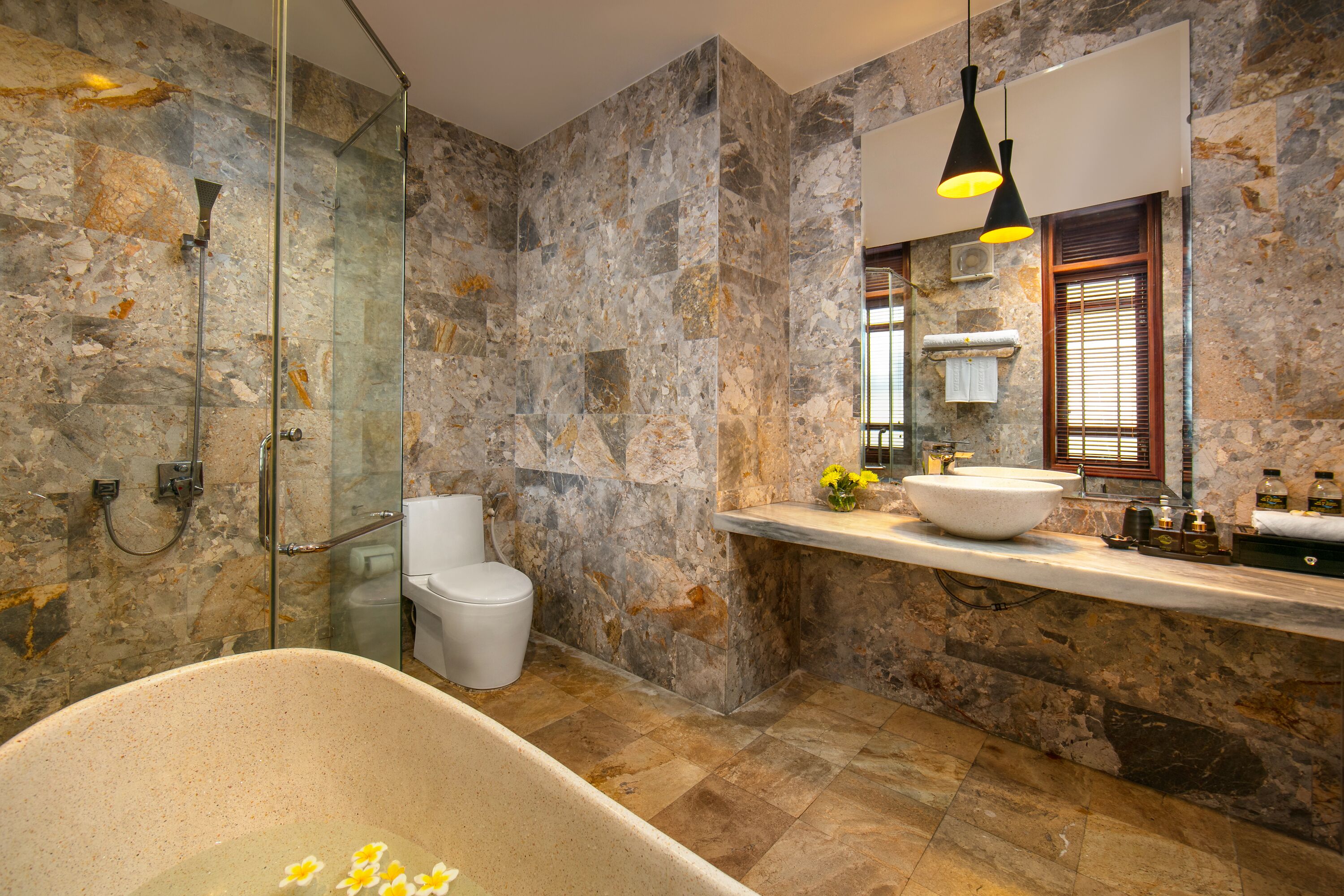 free toiletries, hair dryer, bathrobes, slippers