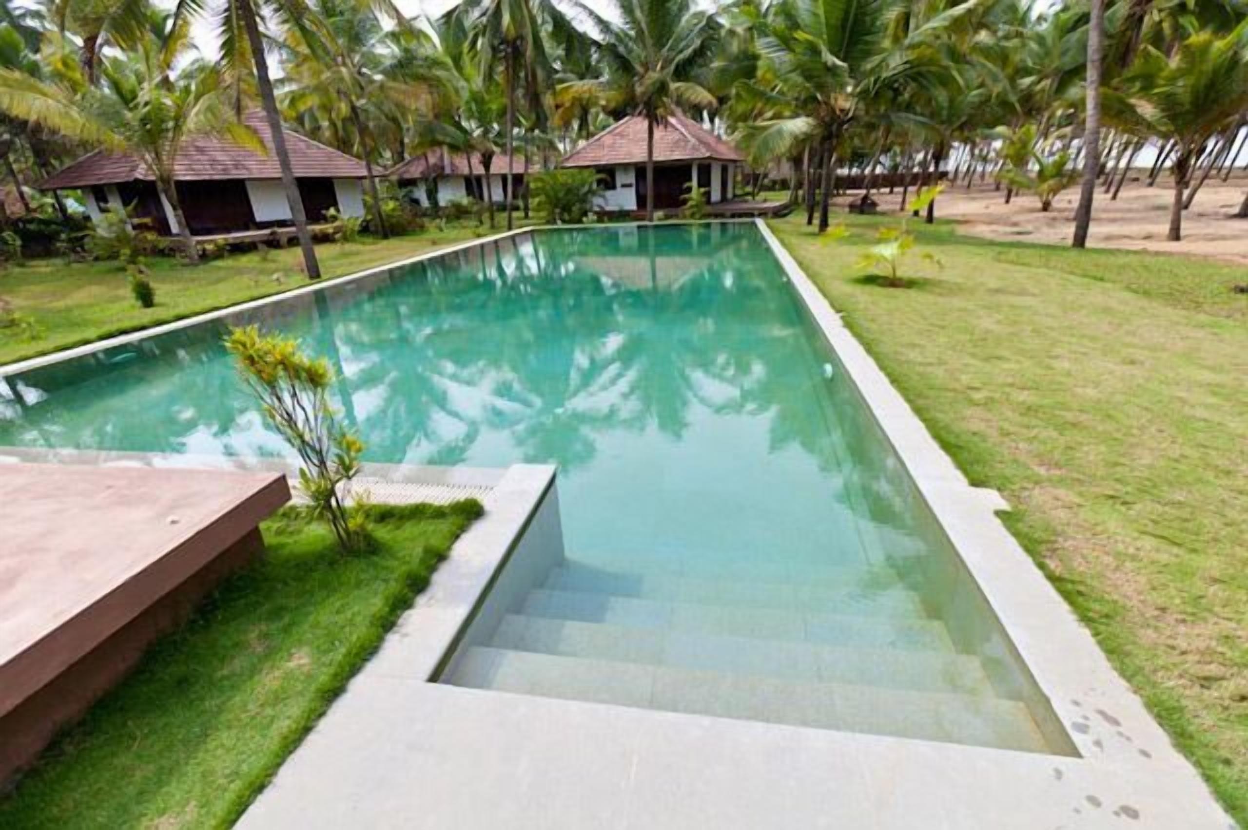 A rectangular pool with clear water, surrounded by grass and palm trees.