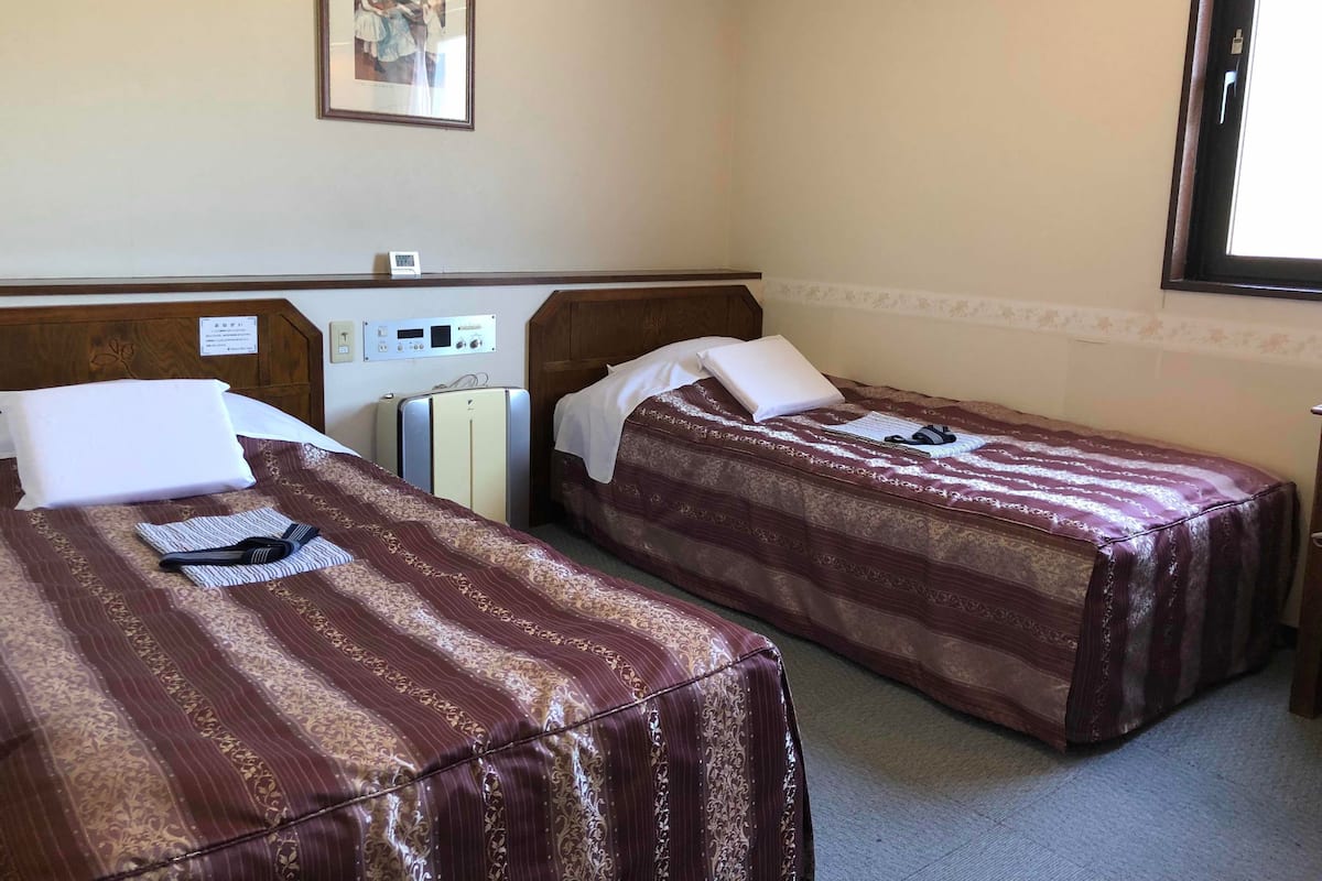 Two single beds with patterned bedding, a small bedside table, a wall-mounted control panel, and a framed picture above the beds.