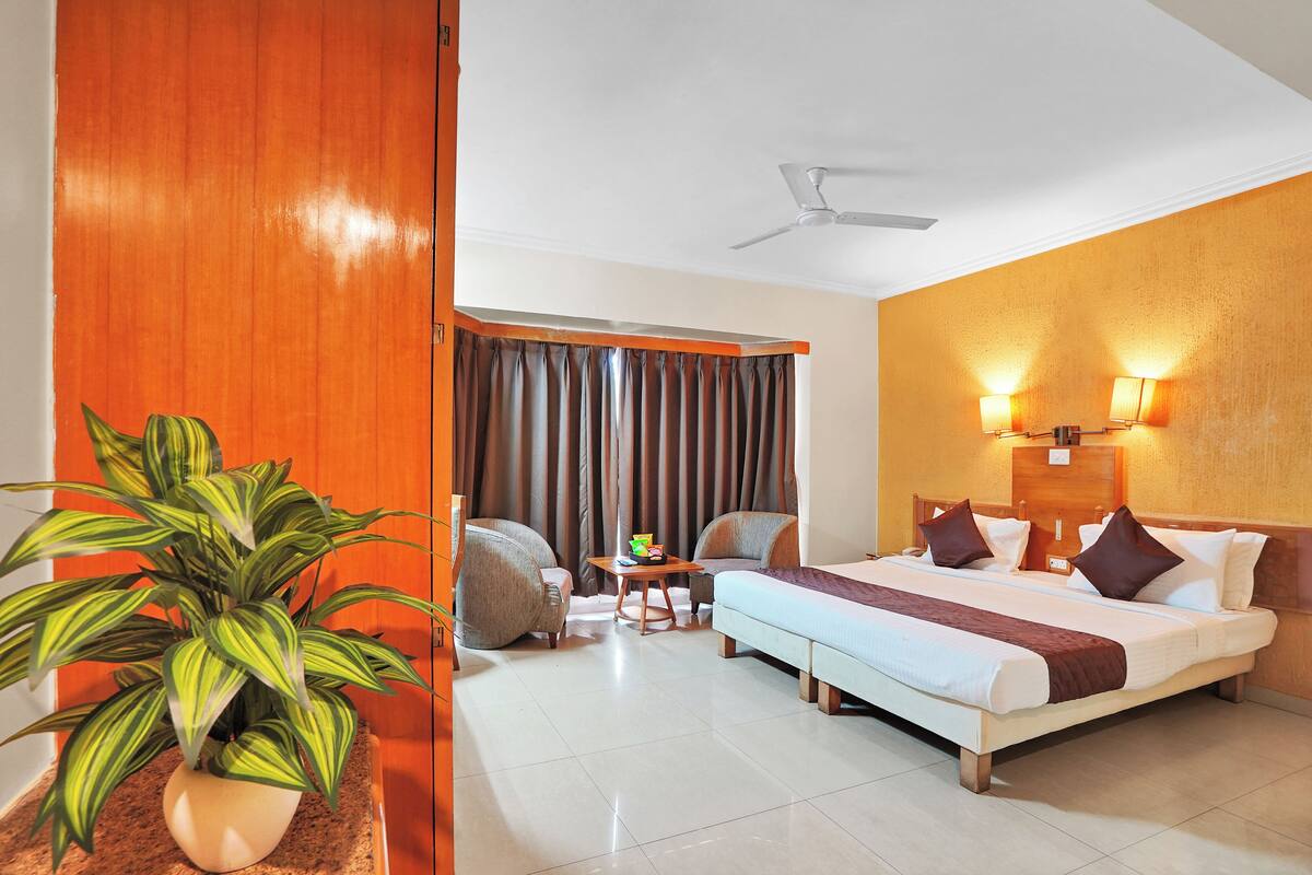 A hotel room with a bed, a desk, two chairs, a potted plant, a ceiling fan, and a window with curtains.