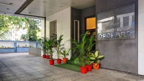 A hotel entrance with a sign reading "HOTEL ORCHARD." There are potted plants arranged in front of the entrance. - Hotel Orchard Pune (Pune)