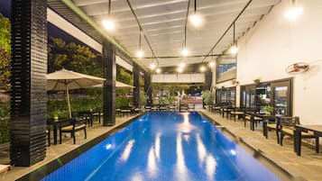 Outdoor pool, pool umbrellas, pool loungers