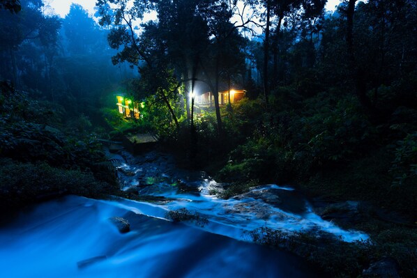 Una cabaña en un bosque con un arroyo que fluye.