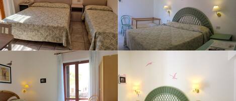A hotel room with two beds, a chair, a table, and a door leading to an outdoor area.