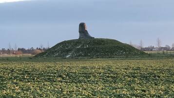 A large, isolated hill with a statue in the center.