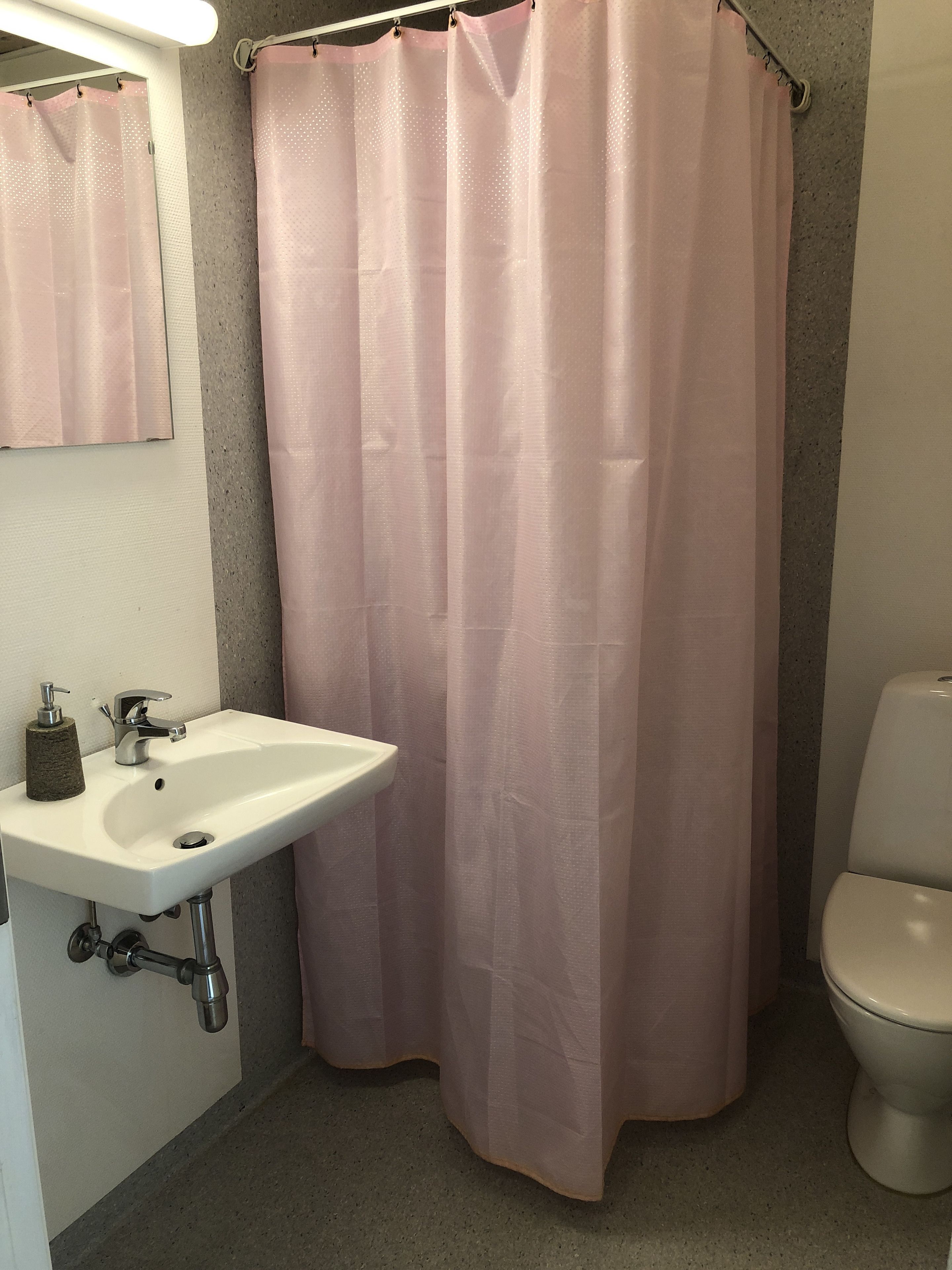 A bathroom with a white sink, a toilet, and a pink shower curtain.