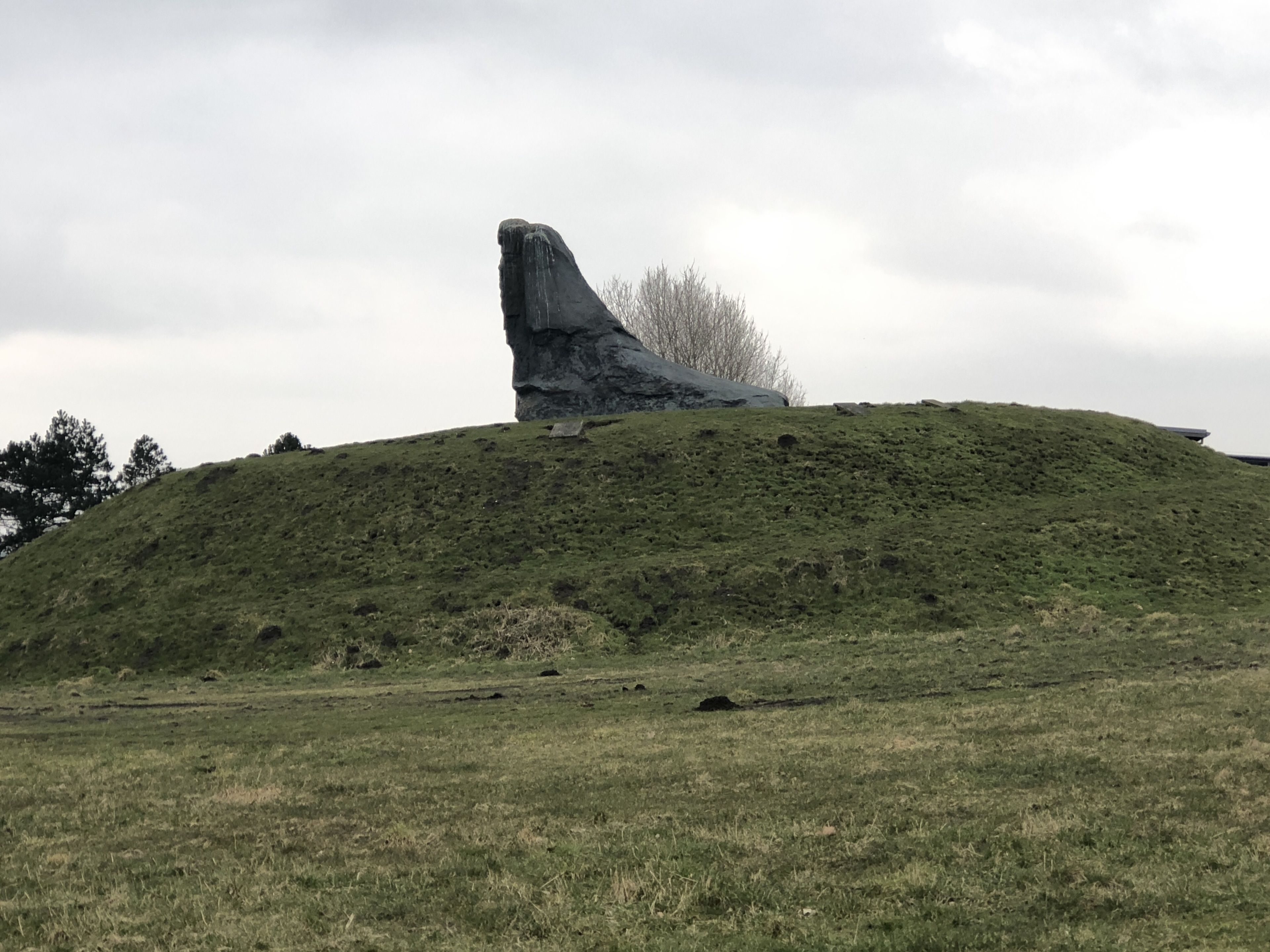 A large rock formation on a grassy hill with a cloudy sky.