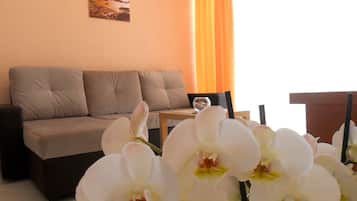 Apartamento superior, 2 quartos, sacada, vista para o mar | Área de estar | TV de tela plana