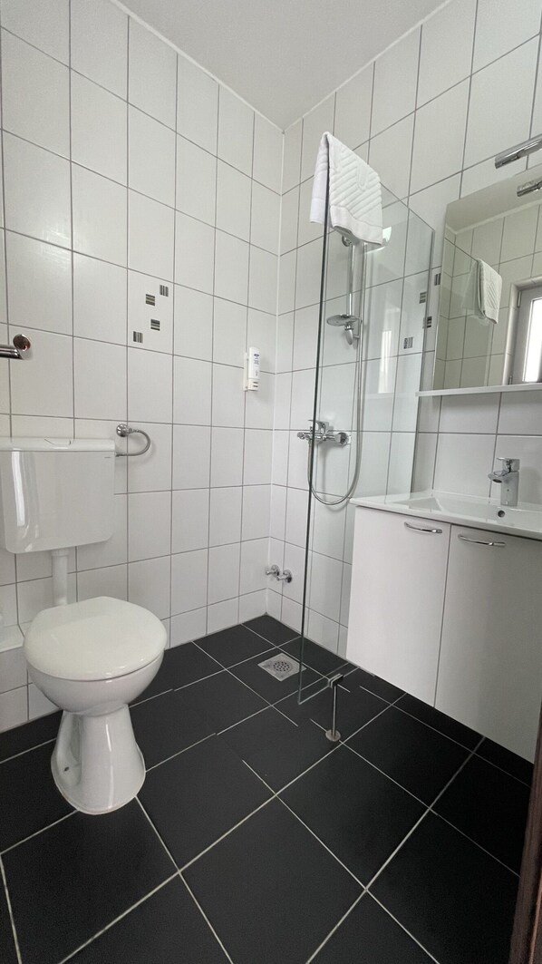 Un baño con inodoro, ducha separada por vidrio y lavamanos con espejo.