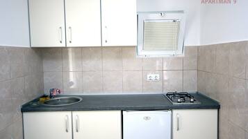 Apartment, 1 Bedroom, Balcony, Sea View | Private kitchenette | Full-size fridge, stovetop, electric kettle, cookware/dishes/utensils