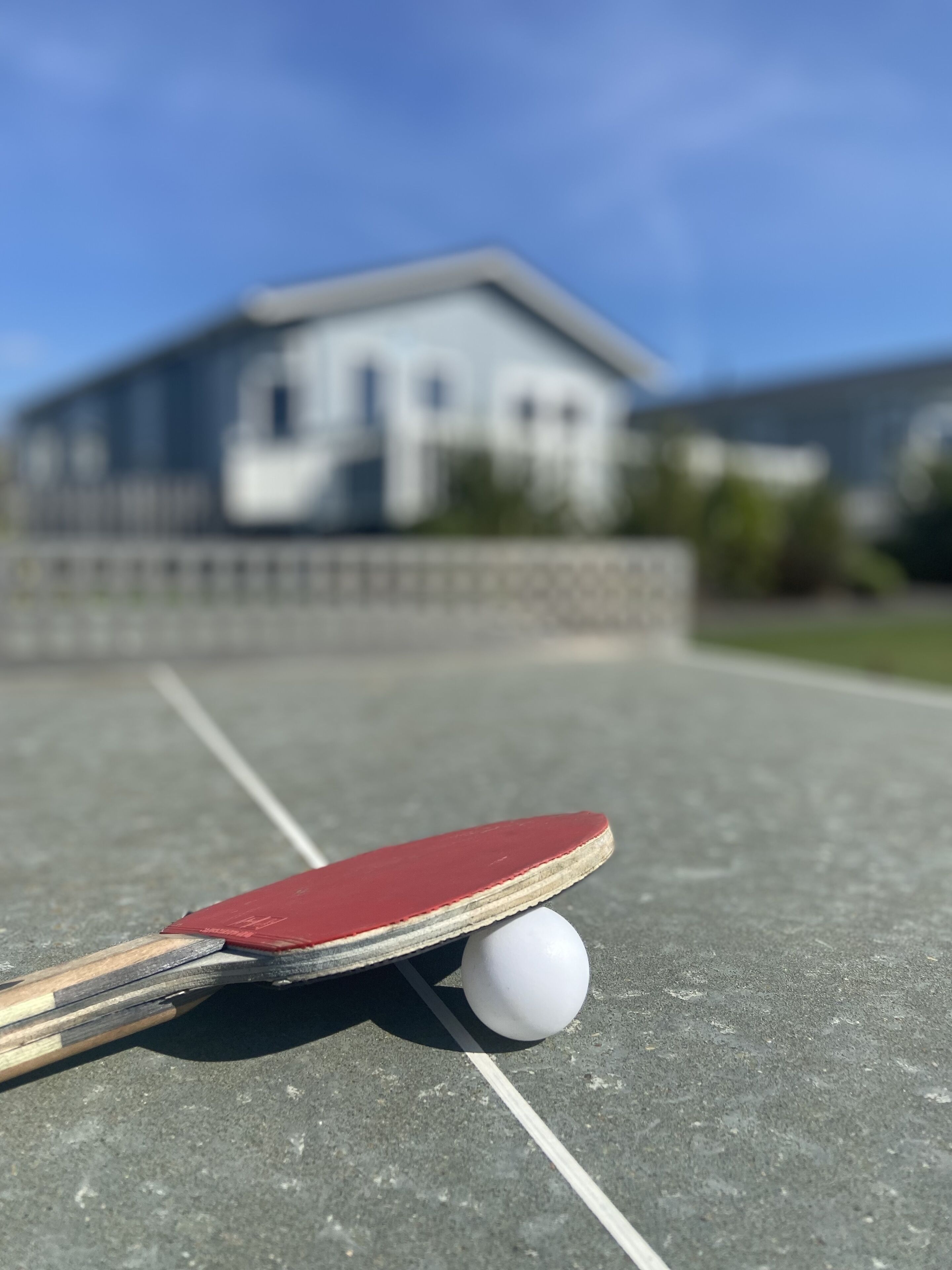 A table tennis table with a paddle and ball, and a house in the background.