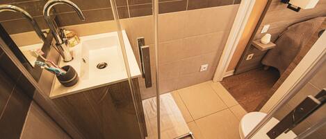 A modern bathroom with a glass shower enclosure, a white sink with a mirror, and a toilet.