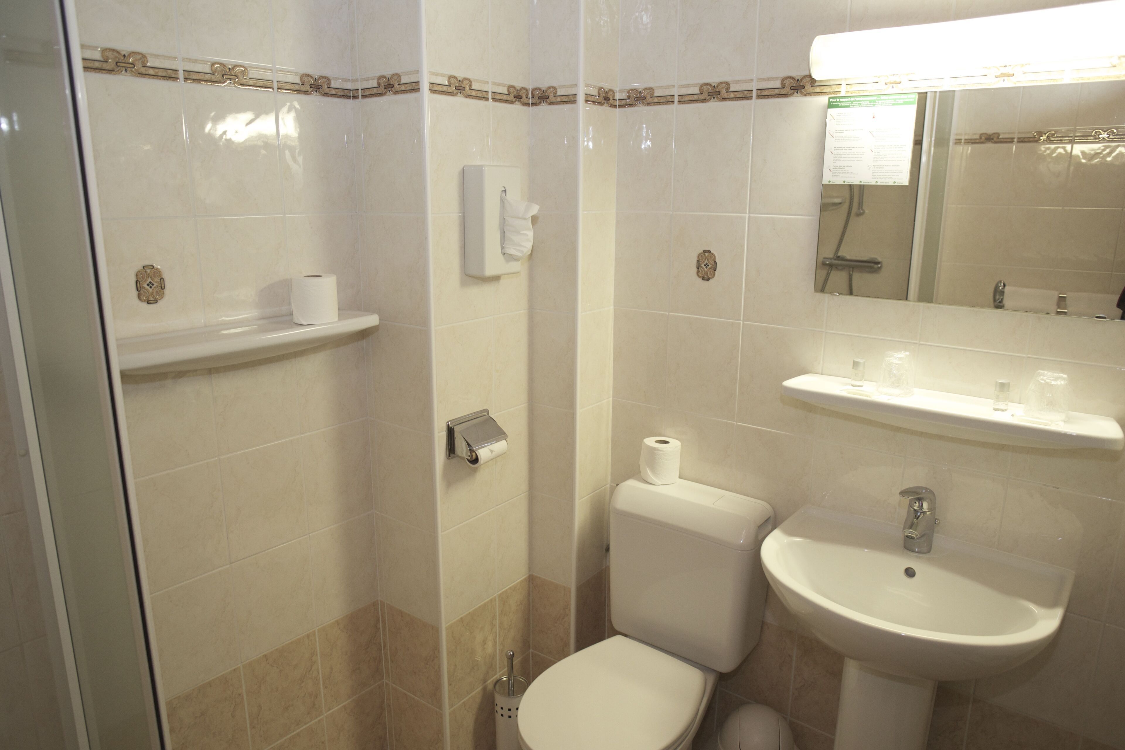 Une salle de bain avec des toilettes, un lavabo et un miroir.