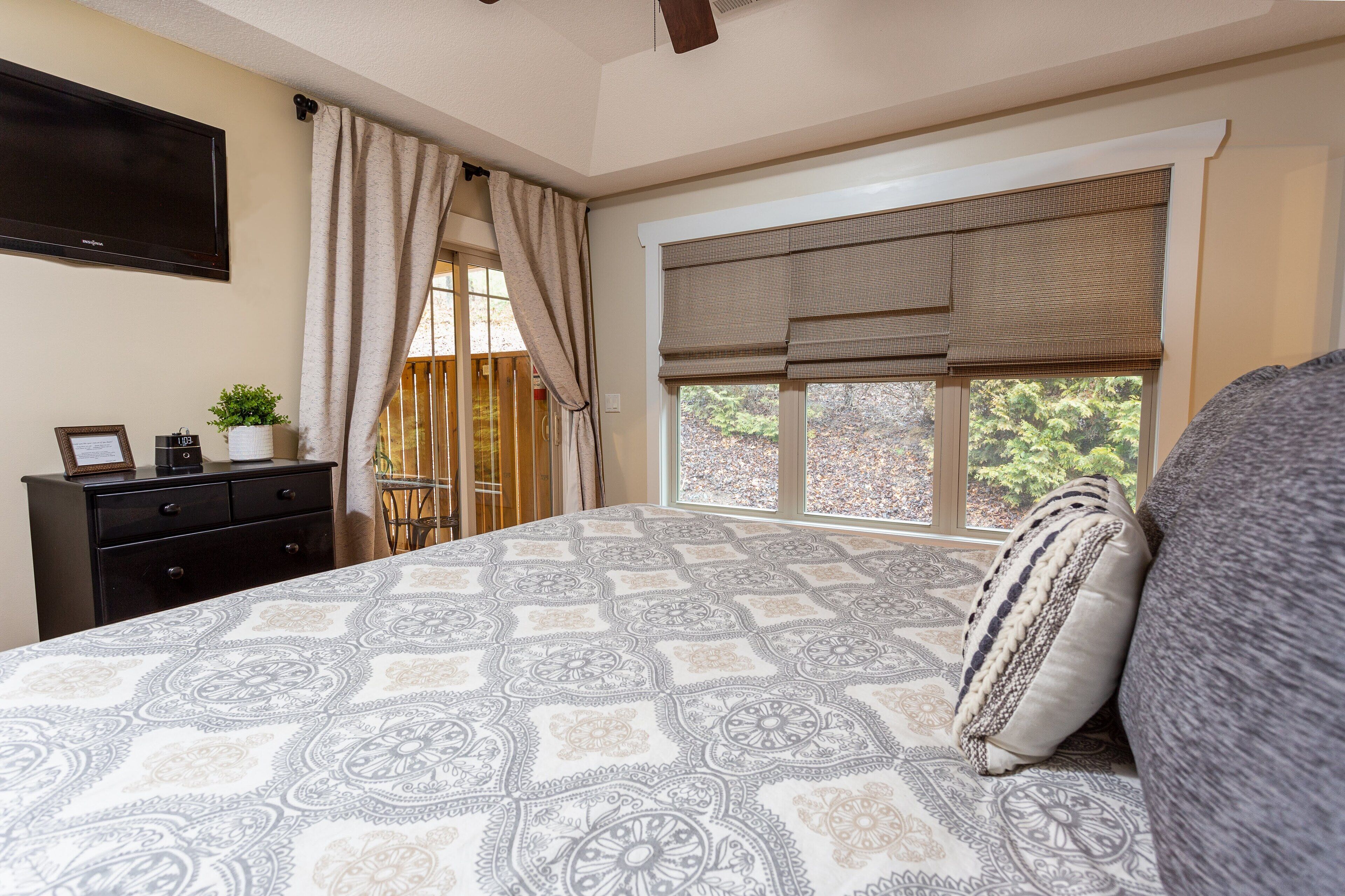 A bedroom with a patterned bedspread, a TV mounted on the wall, a window with a view of trees, and a bedside table with a plant and a clock.