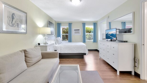 Ein Schlafzimmer mit einem Bett, einem Sofa, einem Fernseher, einem Schminktisch und einem Fenster mit Vorhängen.