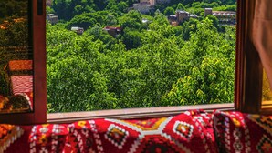 A window view of a village with buildings and greenery. - Atlas Prestige (Asni)