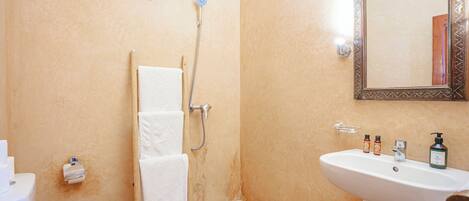 A bathroom with a toilet, a shower, a sink, and a mirror.