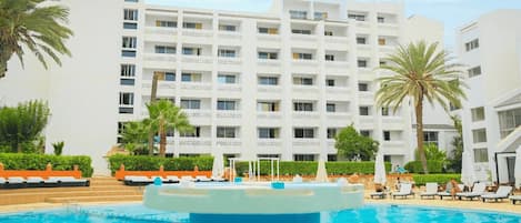 Outdoor pool, pool umbrellas, pool loungers
