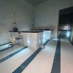 Bathroom features a large mirror, sink, and shower area with a glass door, along with a small chair and decorative vase.