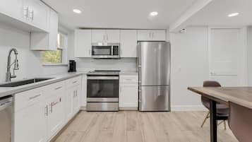 A modern kitchen with white cabinetry, stainless steel appliances, and a wooden floor.