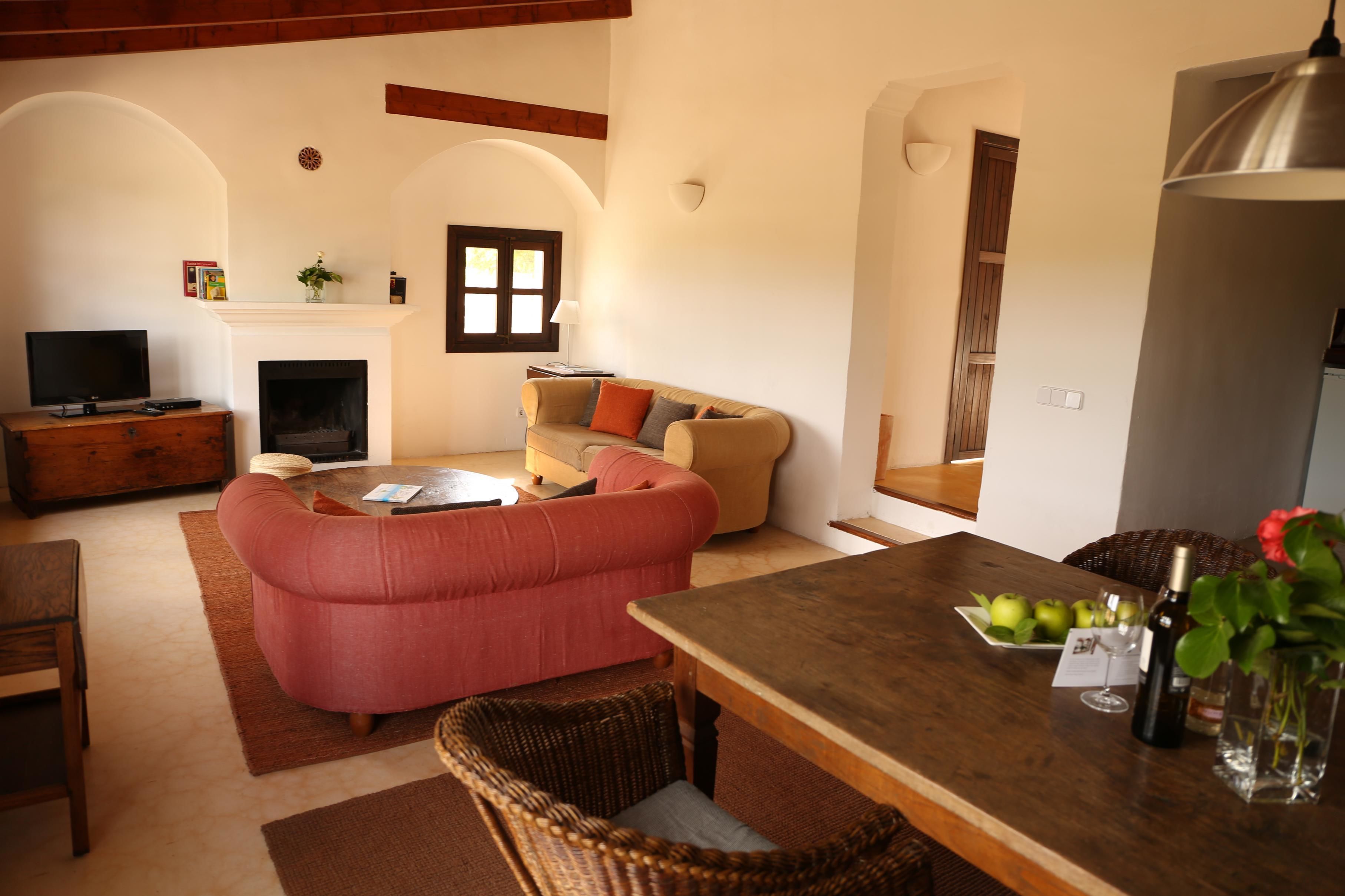 A cozy living room with a fireplace, a sofa, a dining table, and a television.