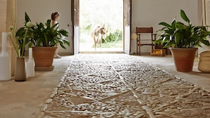 Un pasillo arqueado con suelo de mosaico de piedra que conduce a una puerta. Hay plantas en macetas a ambos lados del pasillo.