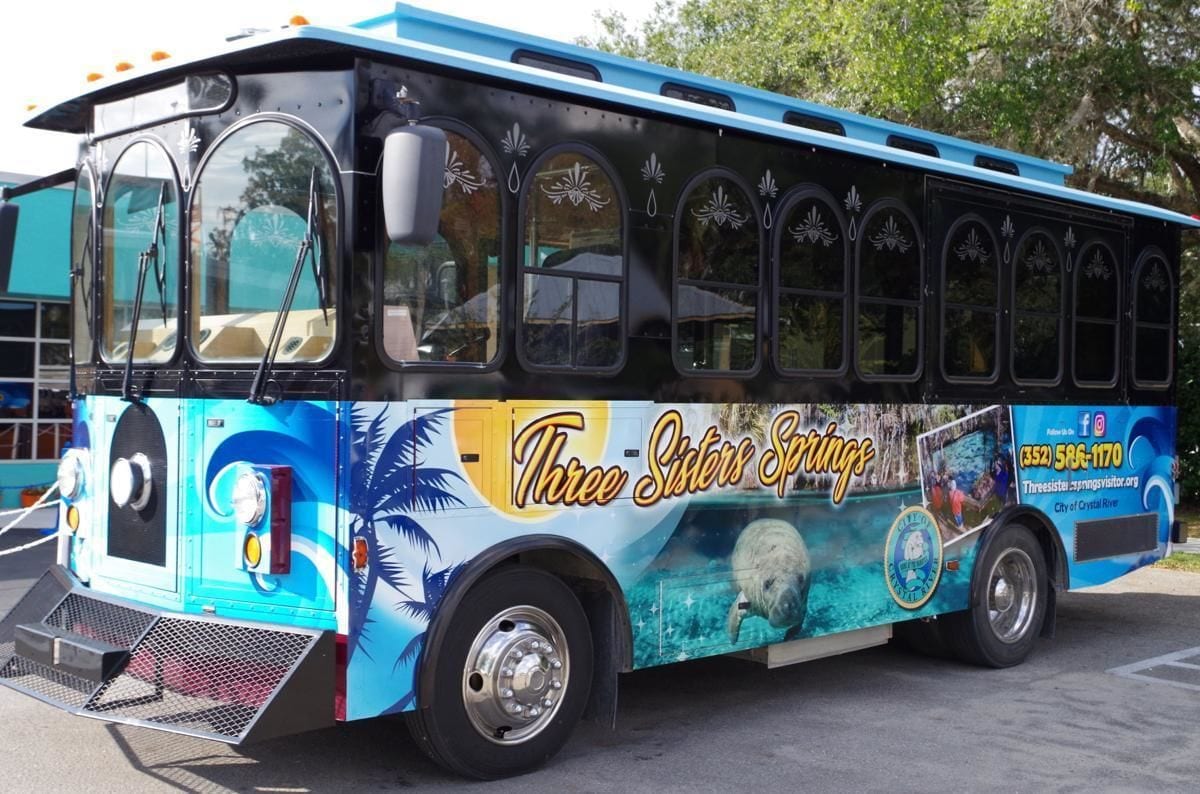 Ein Bus mit der Aufschrift "Three Sisters Springs", gestaltet mit einem tropischen Design und einer Kontaktnummer.