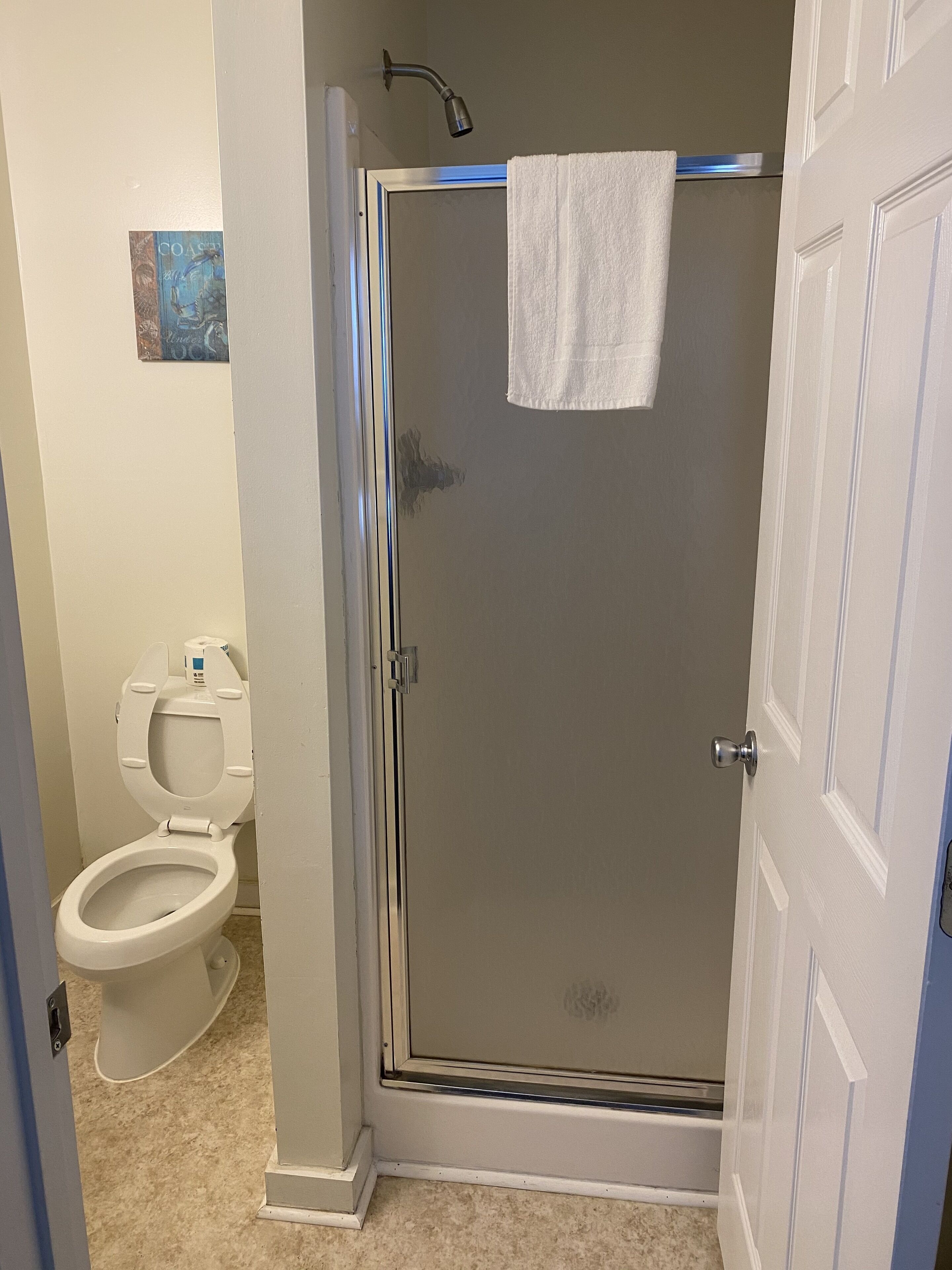 A bathroom with a toilet, a shower with a glass door, and a towel hanging on the shower door.