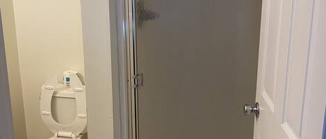 A bathroom with a toilet, a shower with a glass door, and a towel hanging on the shower door.