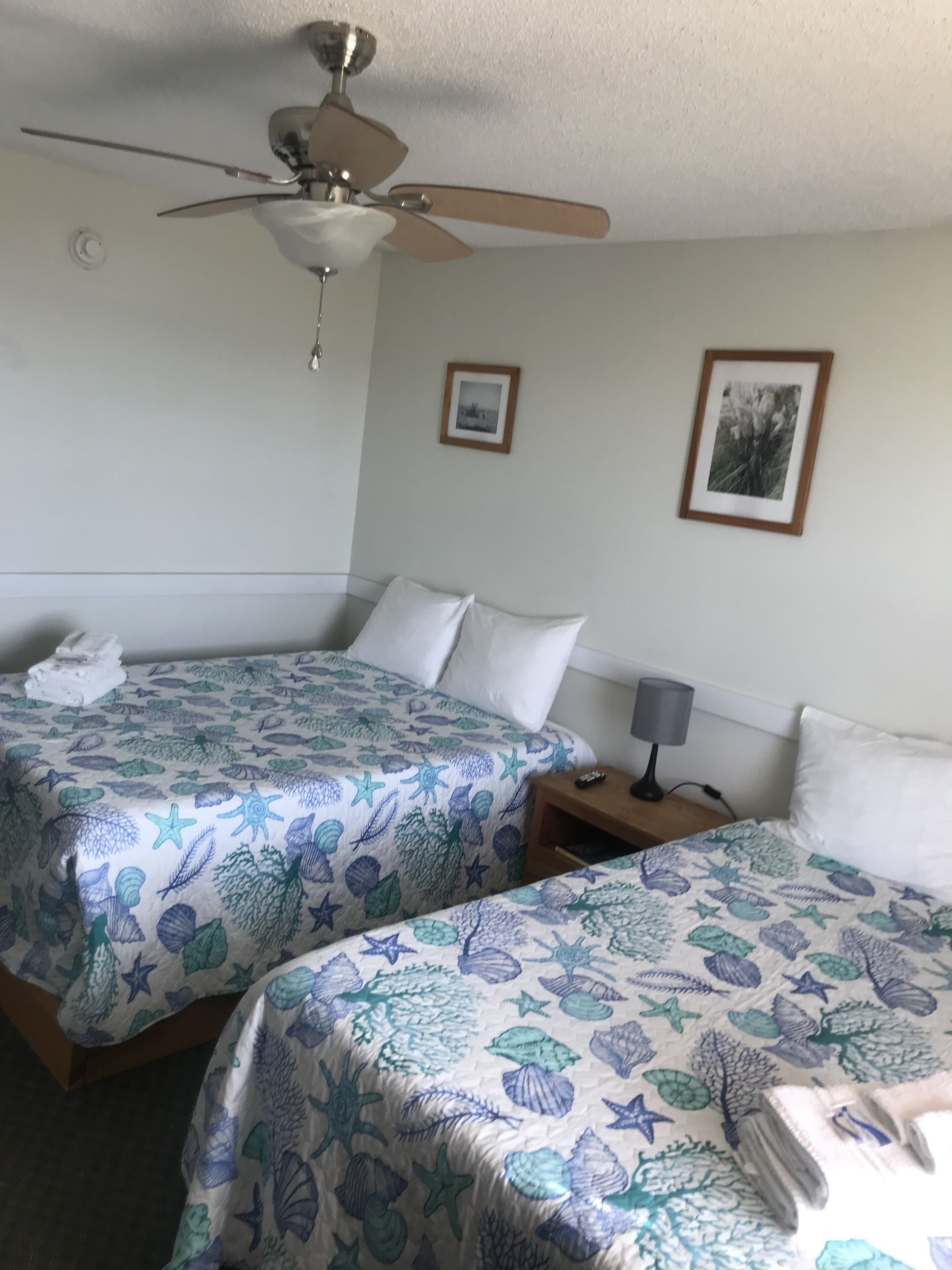 A hotel room with two beds, a ceiling fan, a nightstand with a lamp, and two framed pictures on the wall.