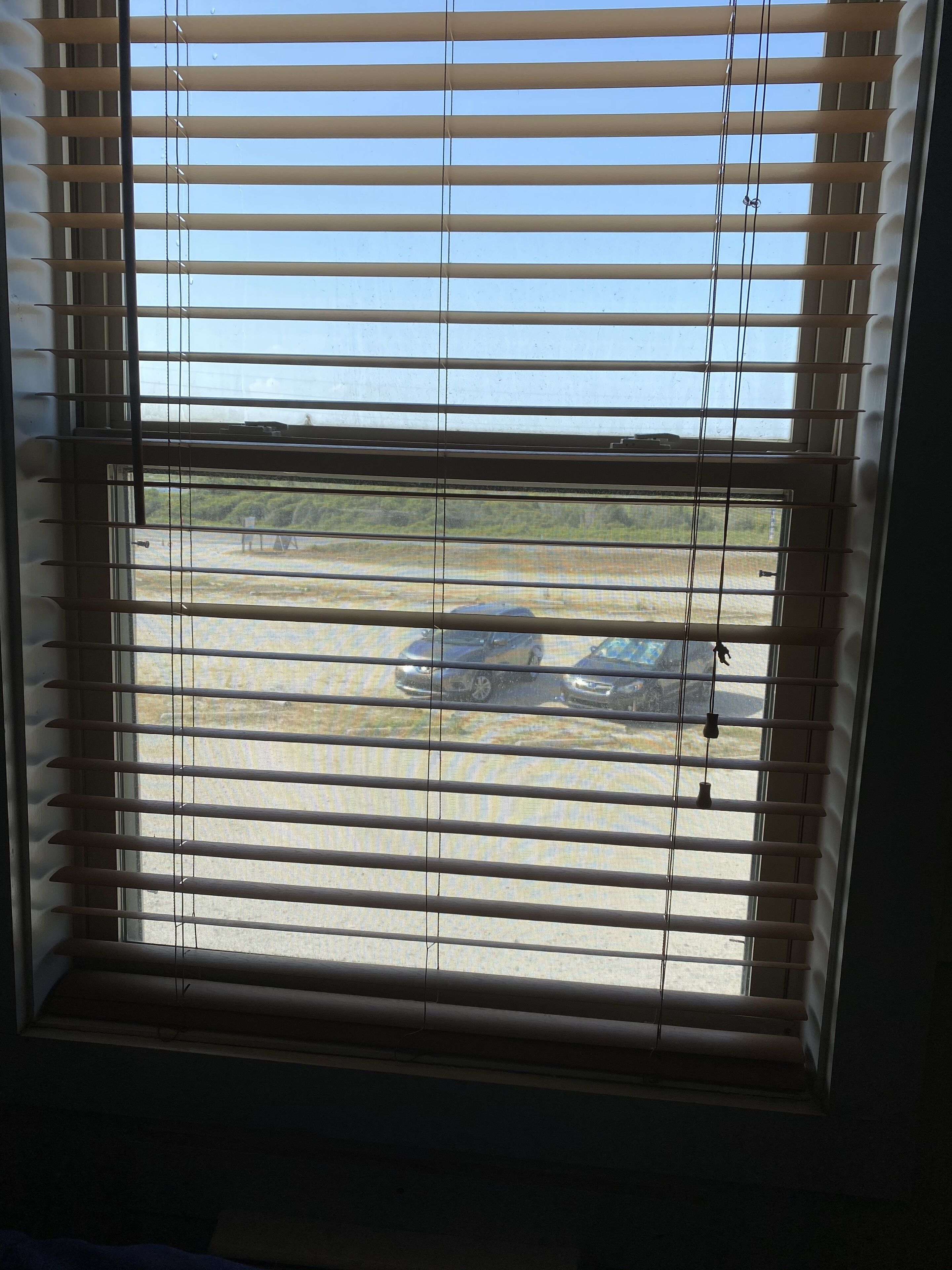 A window with horizontal blinds, through which a parking lot and a building are visible.