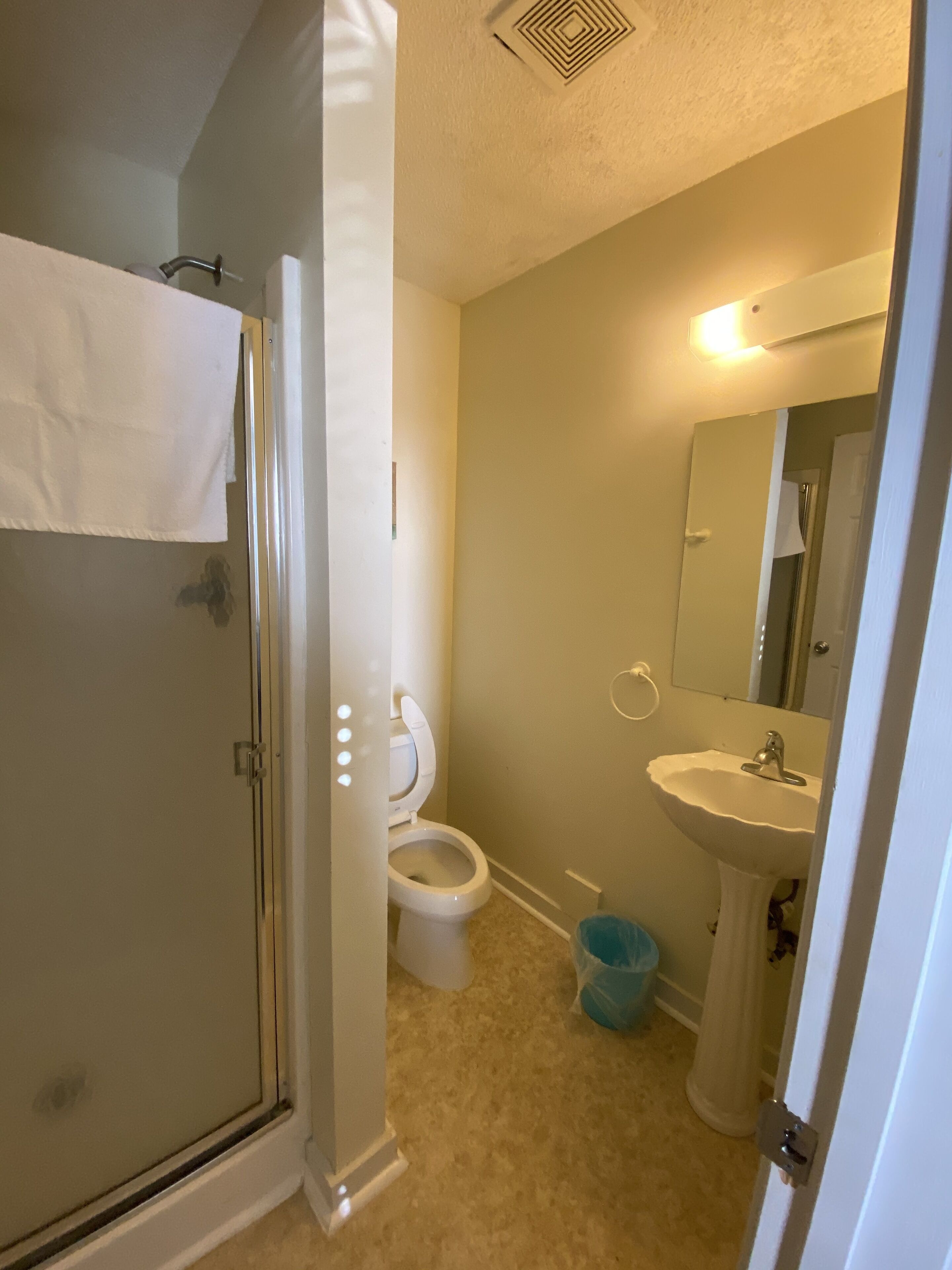 A bathroom with a toilet, sink, and shower.