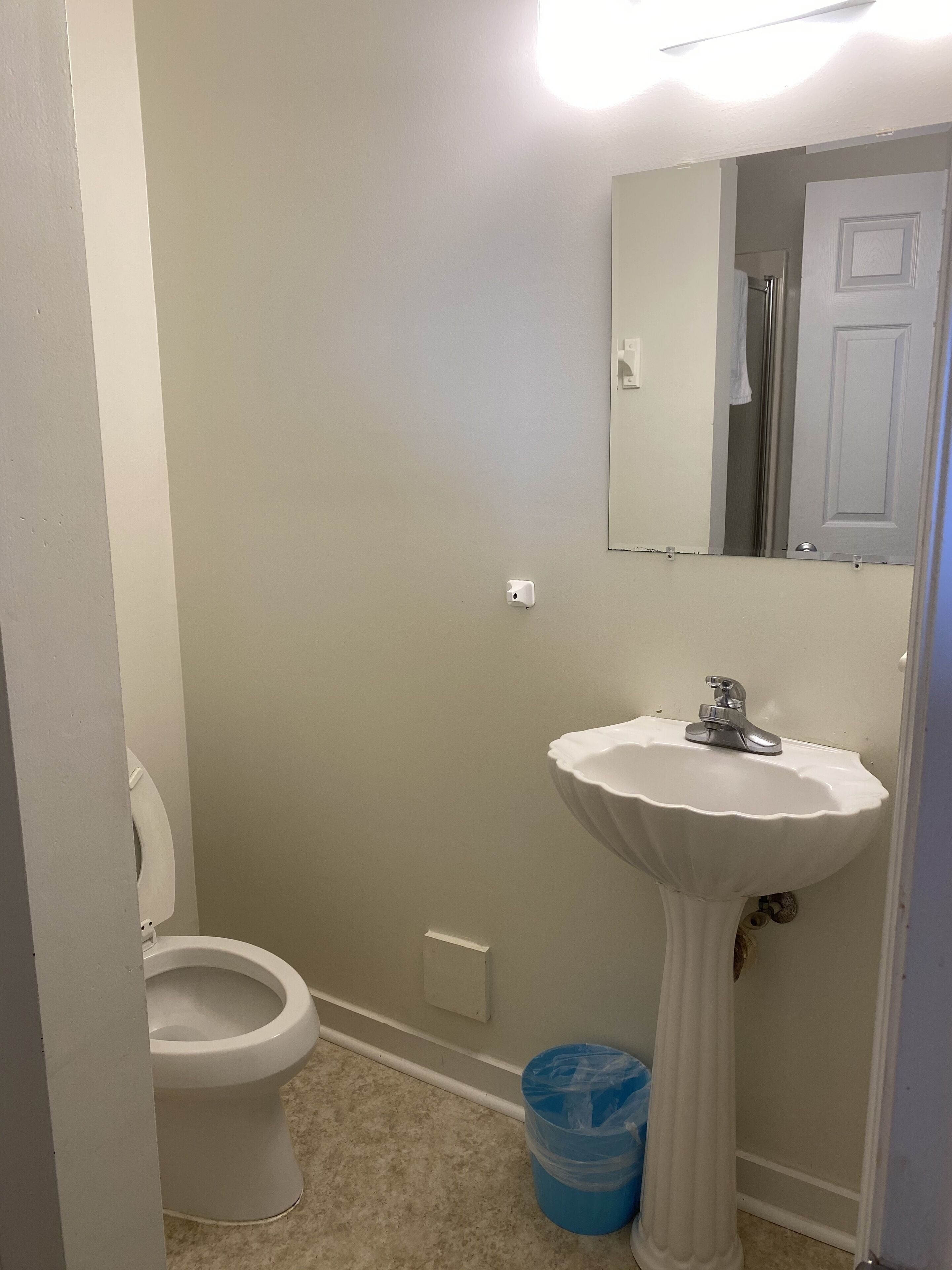 A bathroom with a toilet, sink, and mirror.