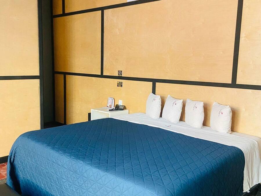 Una habitación de hotel con una cama grande, una mesita de noche y una pared con diseño geométrico.