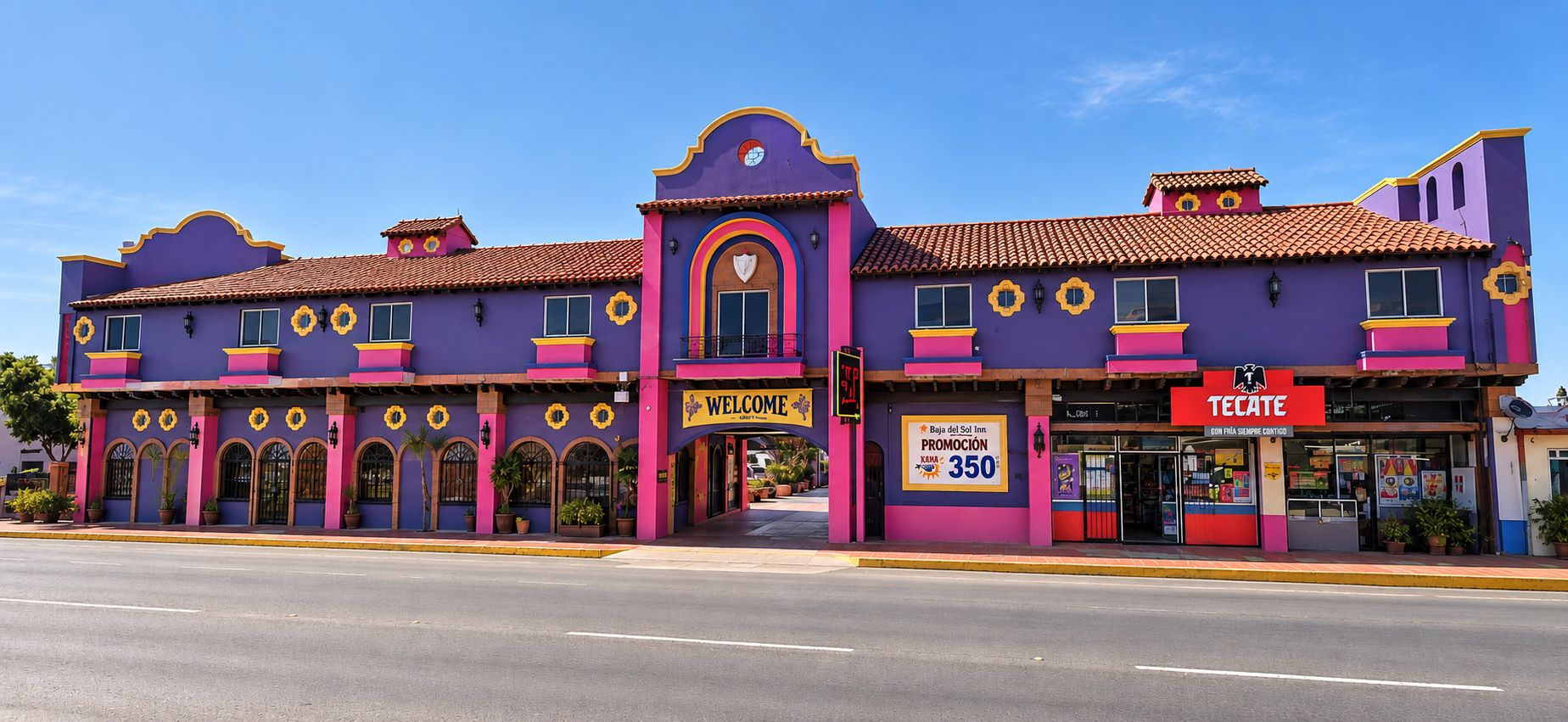 A colorful building with a 'Welcome' sign, a 'TECATE' sign, and a 'Baja del Sol Inn' sign.