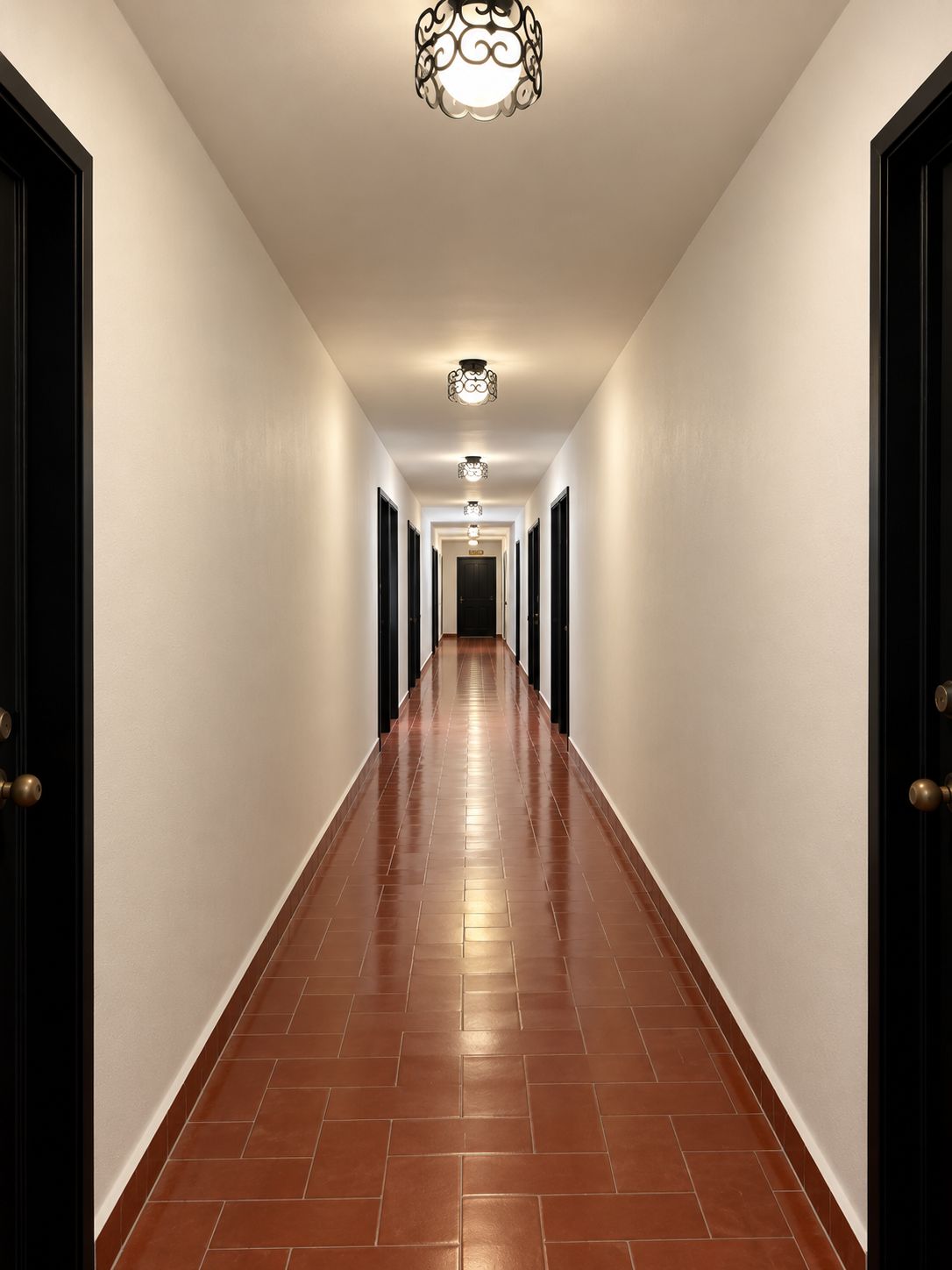 A long, narrow hallway with a tiled floor and doors on both sides.