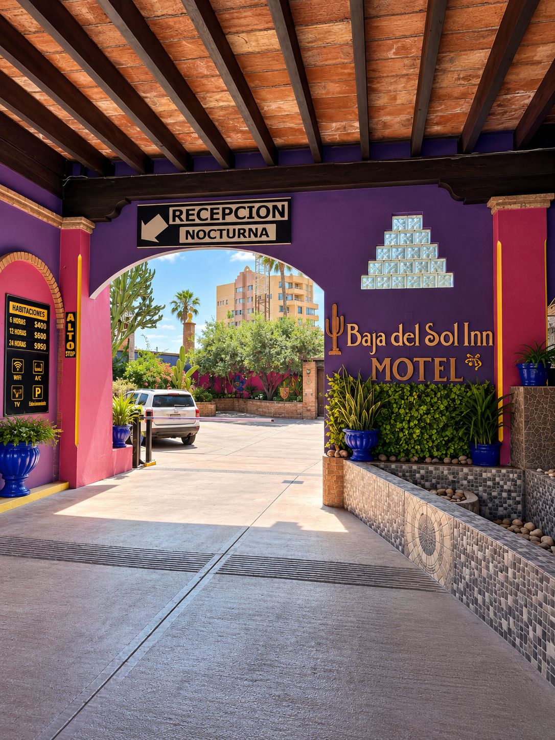 La entrada al motel Baja del Sol Inn, con un cartel de recepción, zona de estacionamiento y vista del edificio al fondo.
