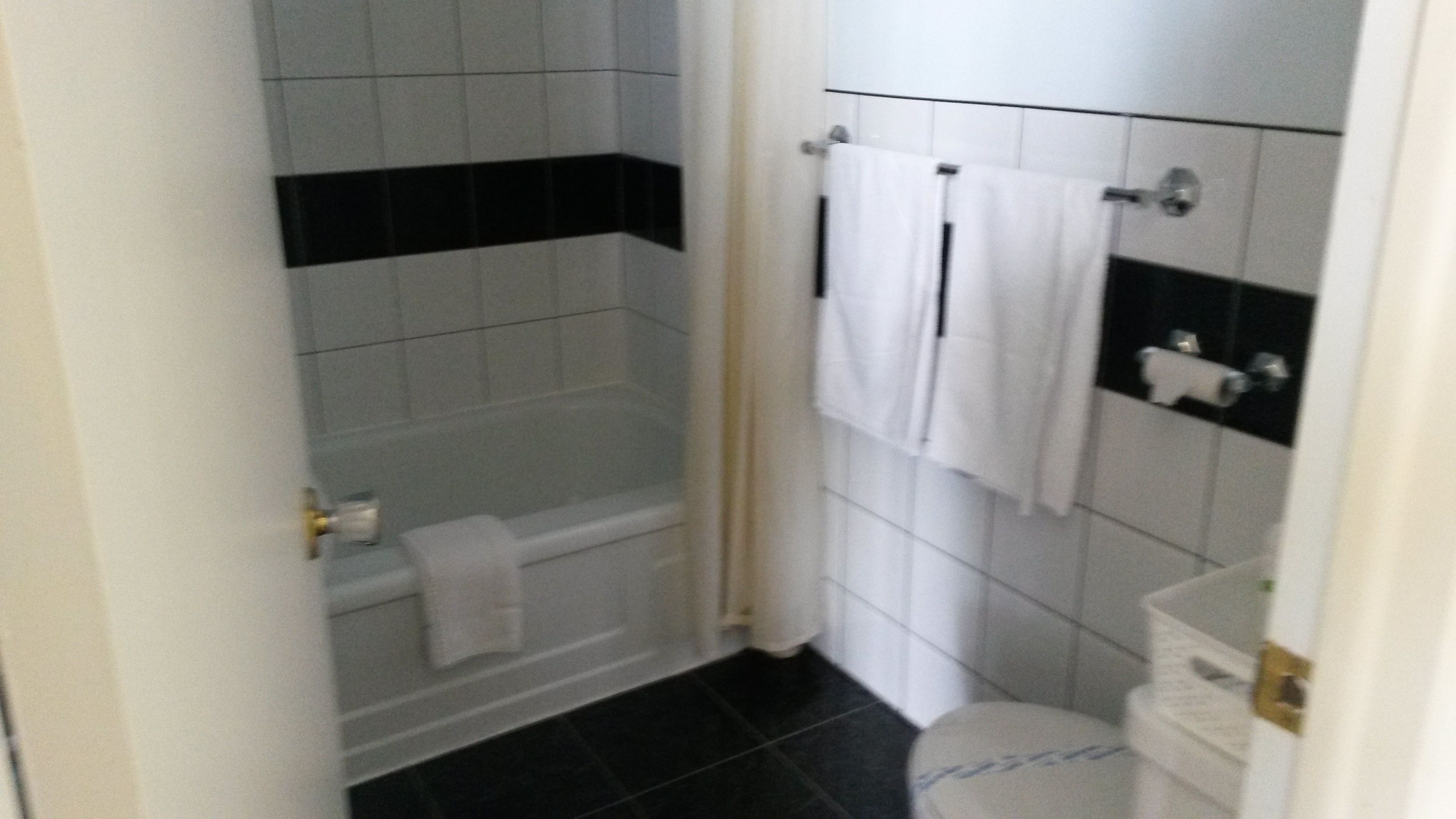Une salle de bain avec douche, toilettes et porte-serviettes.