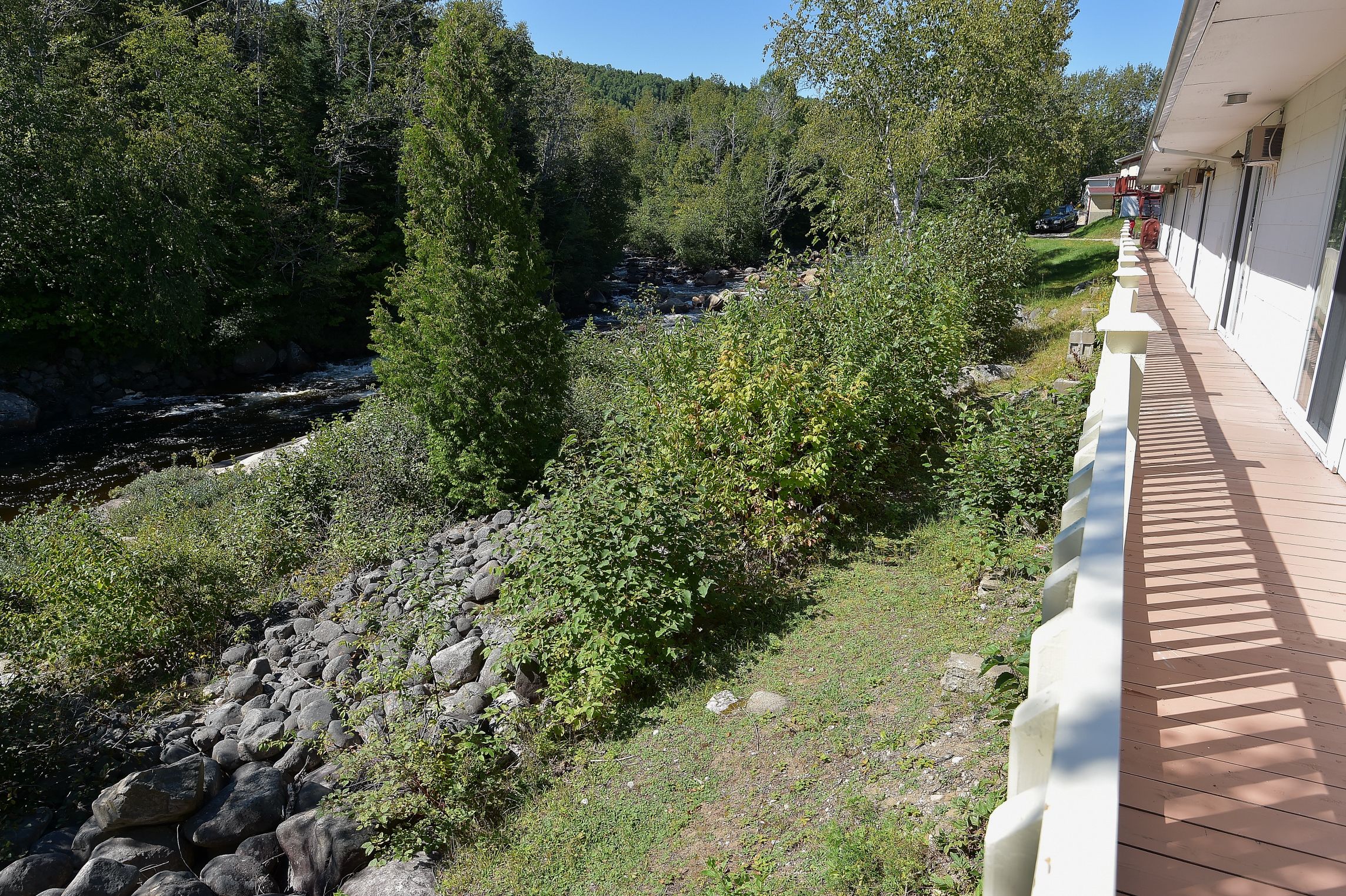 A riverside walkway with a view of a river, surrounded by greenery and rocks.