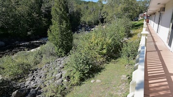 A riverside walkway with a view of a river, surrounded by greenery and rocks.