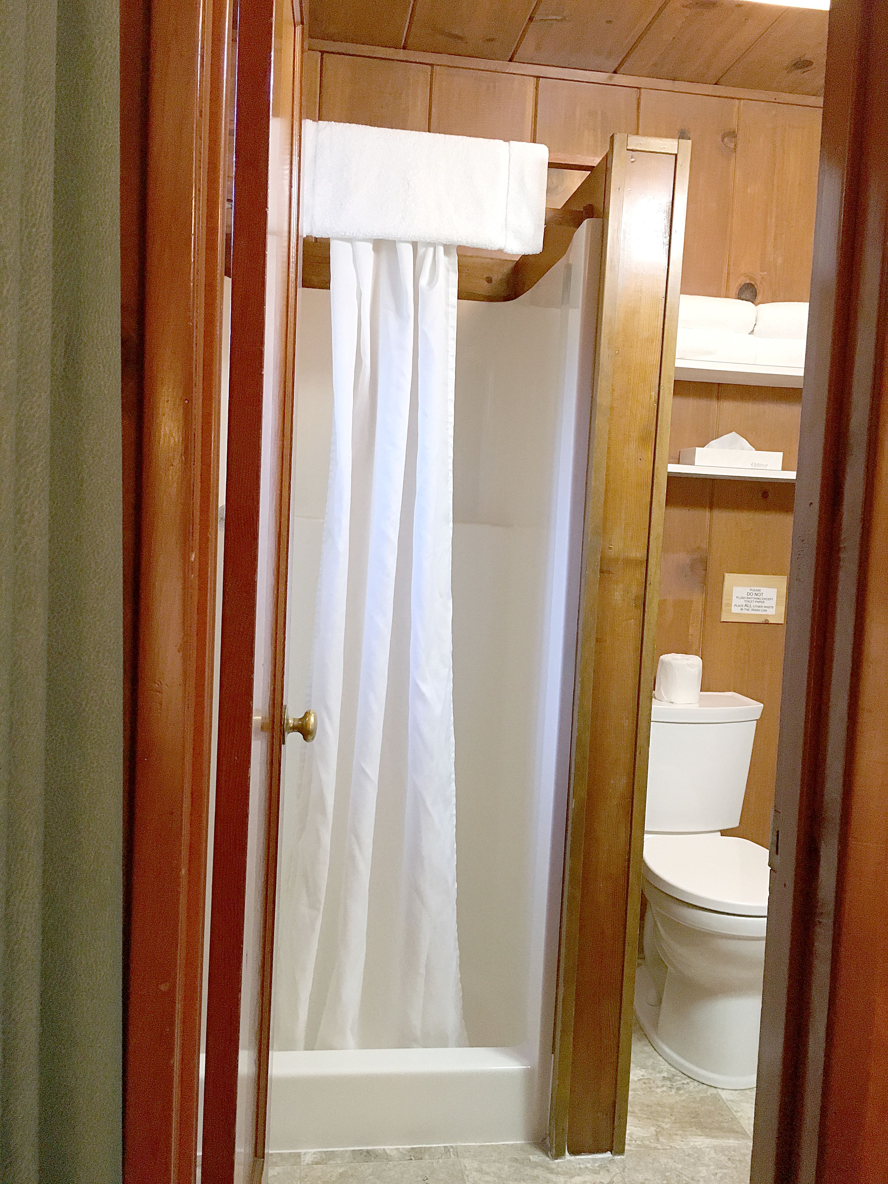 A wooden interior with a shower area, a toilet, and a shelf with toiletries.