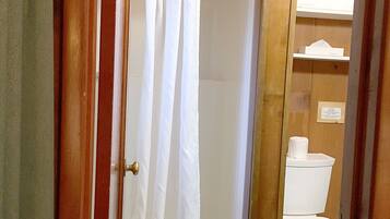 A wooden interior with a shower area, a toilet, and a shelf with toiletries.