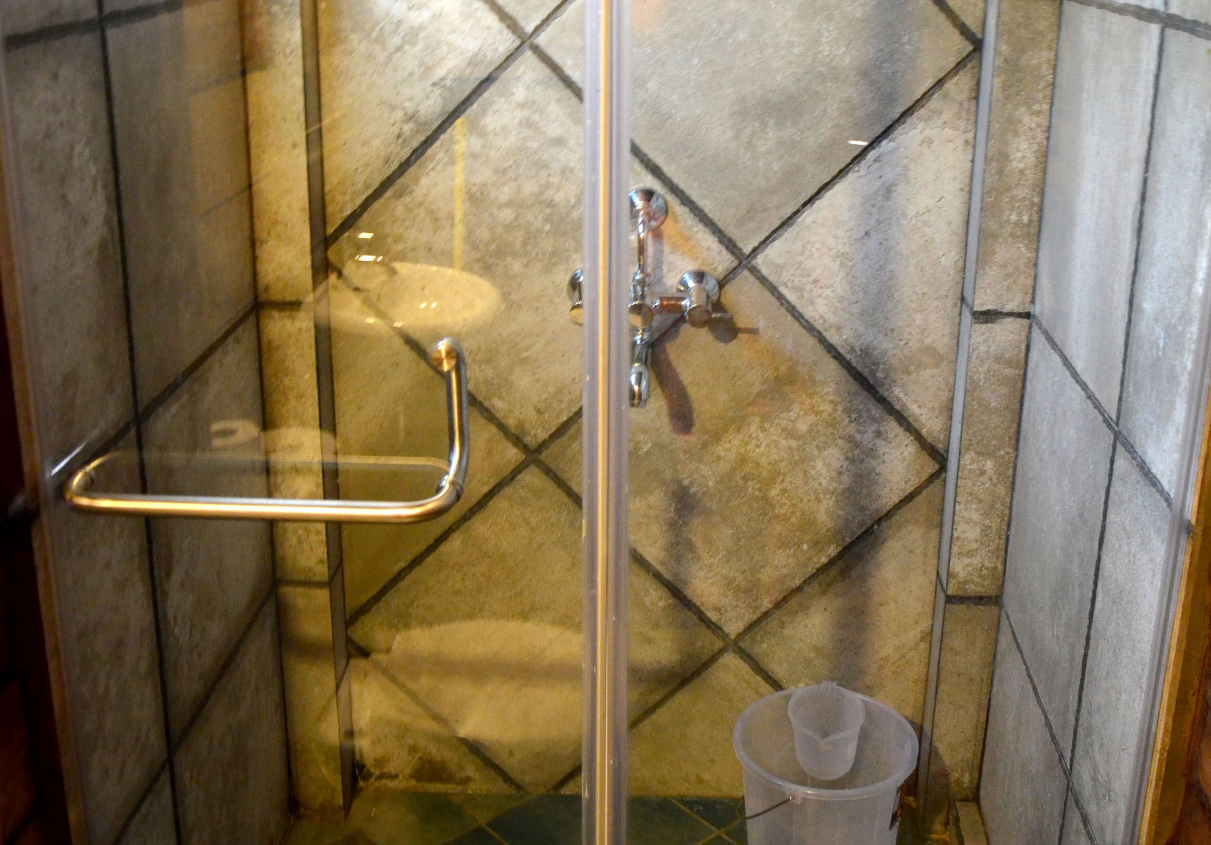 Une douche fermée par des parois de verre, dotée d’une barre d’appui en métal, d’un seau blanc et de murs carrelés.
