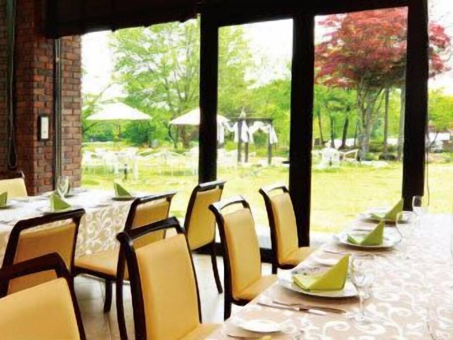 An outdoor dining area with tables set for a meal, surrounded by chairs, with a view of a building and trees in the background.