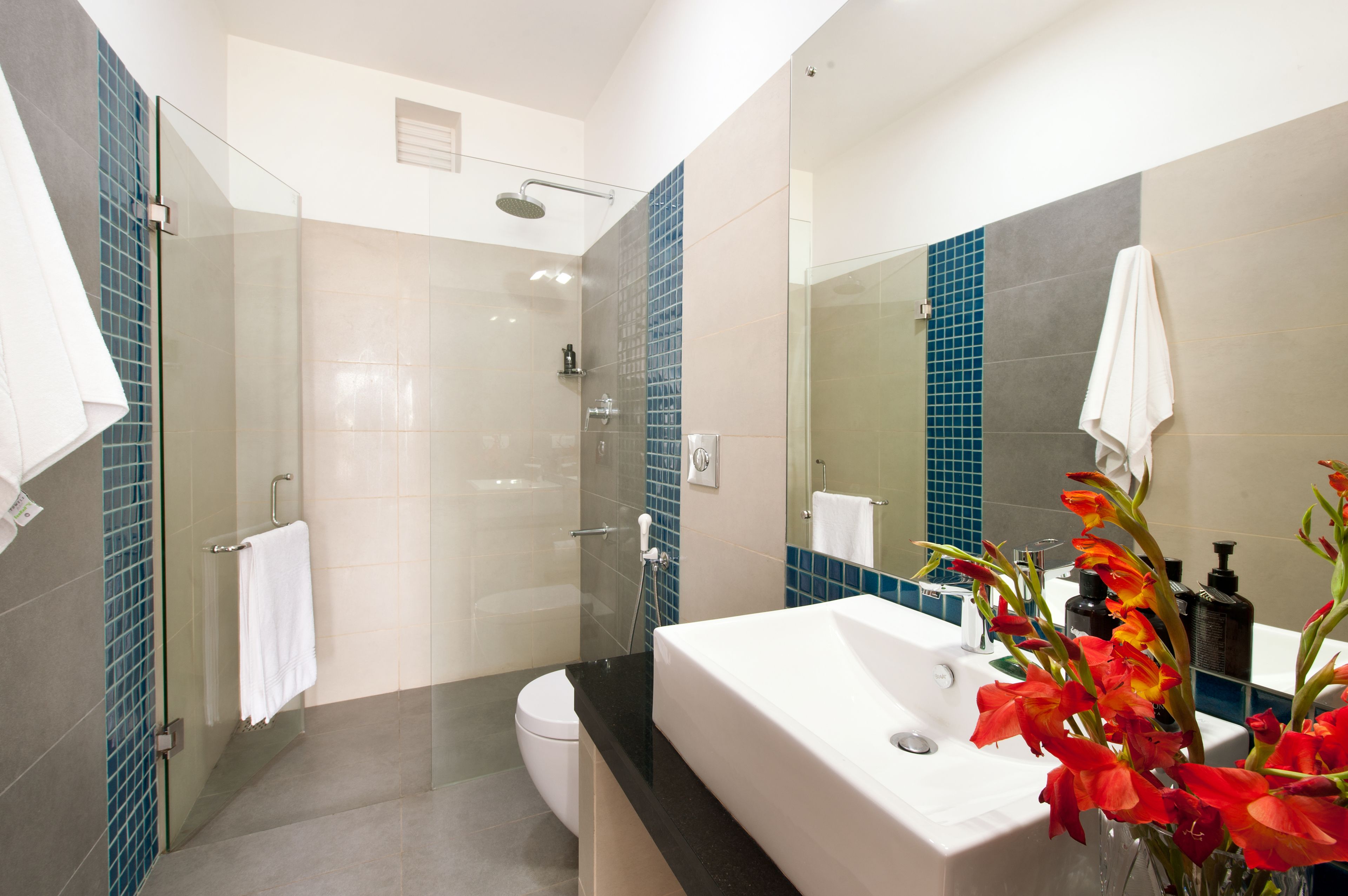 luxury apartment, 1 bedroom, sea view, beachfront | bathroom | shower, rainfall showerhead, hair dryer, towels